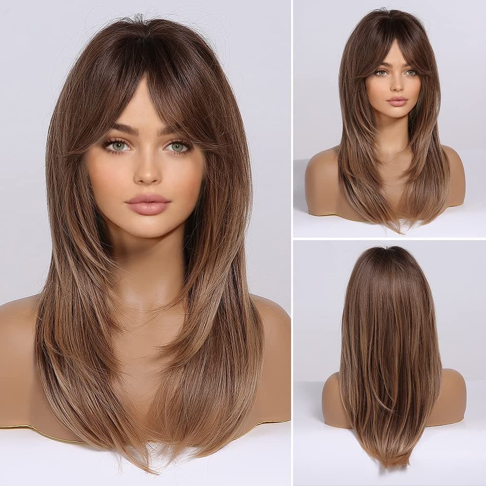 Ombre Wig with Bangs Dark Roots for Women, Brown Wig Long Straight Hair, Layered Synthetic Wig, Glueless Wigs, Non Lace Front Wigs for Everyday Use 24 Inch