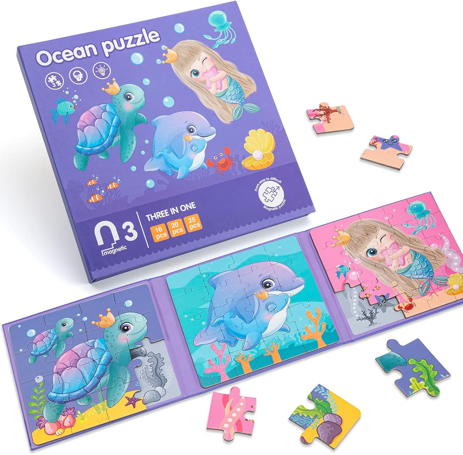 Magnetic Puzzles for Kids Ages 3 4 5, Ocean Mermaid Puzzles 16-20-25 Piece Jigsaw Puzzles for Toddler, Preschool Animals Puzzles Floor Magnetic Kids Car Trip Activities Travel Toys for Boys and Girls
