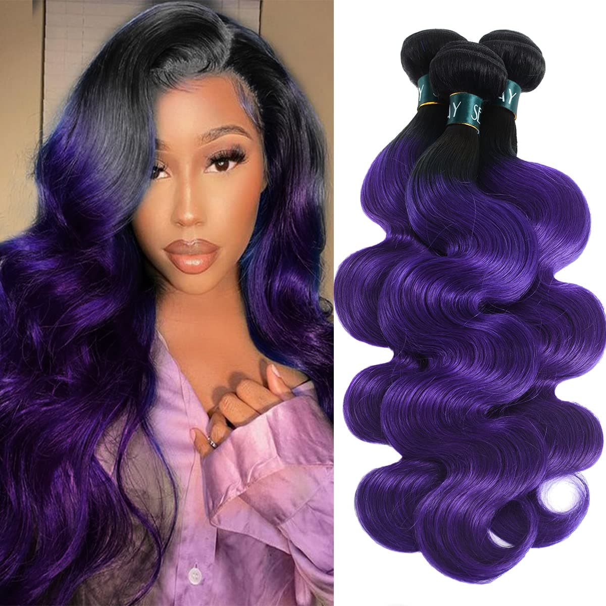 SEXAY Purple Bundles Body Wave Human Hair Weave 3 Bundles 161820inch Virgin Hair, Brazilian Remy Hair Ombre 1b/Purple 2 Tone Ombre Hair Wavy For Women(161820)