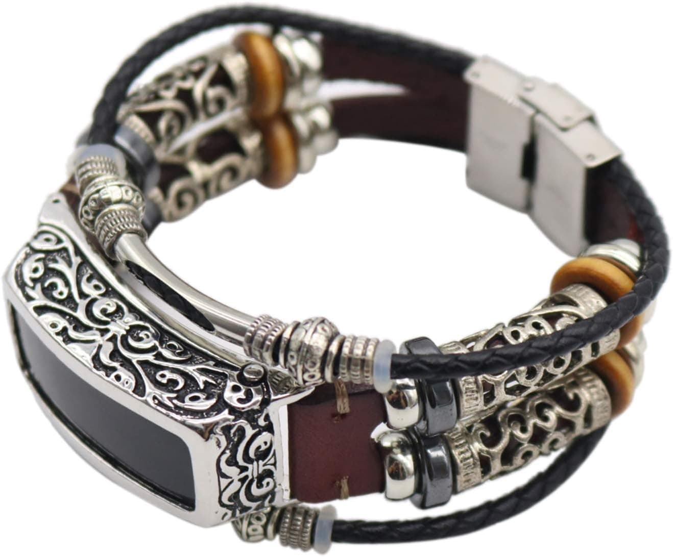 Fit for Fitbit Inspire Bands, Fitbit Inspire HR Leather Band with Protective Case Cover, Feminine Stylish Replacement Watch Band Straps Wristbands Bracelet Fit for Fitbit Inspire (Red Brown)