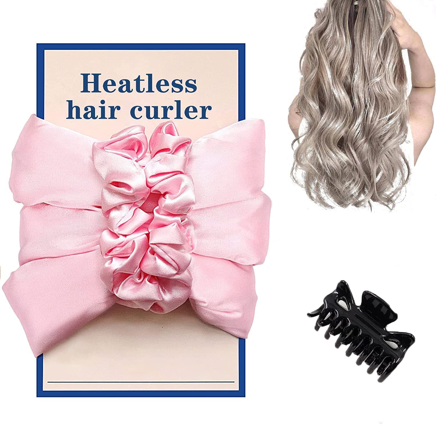 Heatless Hair Curlers Curling Headband Wavy Curly Wand Hair Styling Tool with Clip Hair Rollers for Long Medium Hair (Pink)