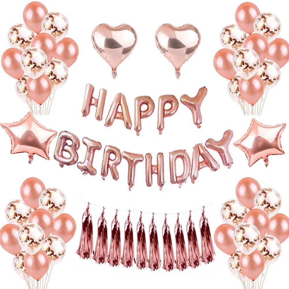 Rose Gold Happy Birthday Decorations Happy Birthday Banner Balloons Birthday Party Kit Supplies 12"Rose Gold Latex Confetti Balloons& Heart Foil Balloons for Boy Kids Girl (Rose Gold)