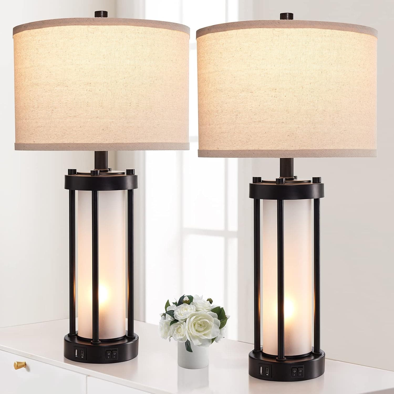 Set of 2 Modern Table Lamps for Living Room with 2 USB Charging Ports, White Frosted Glass Nightlight for Bedroom, Contemporary Desk Lamps for Nightstand End Table Entryway, 4 Bulbs Included (Black)