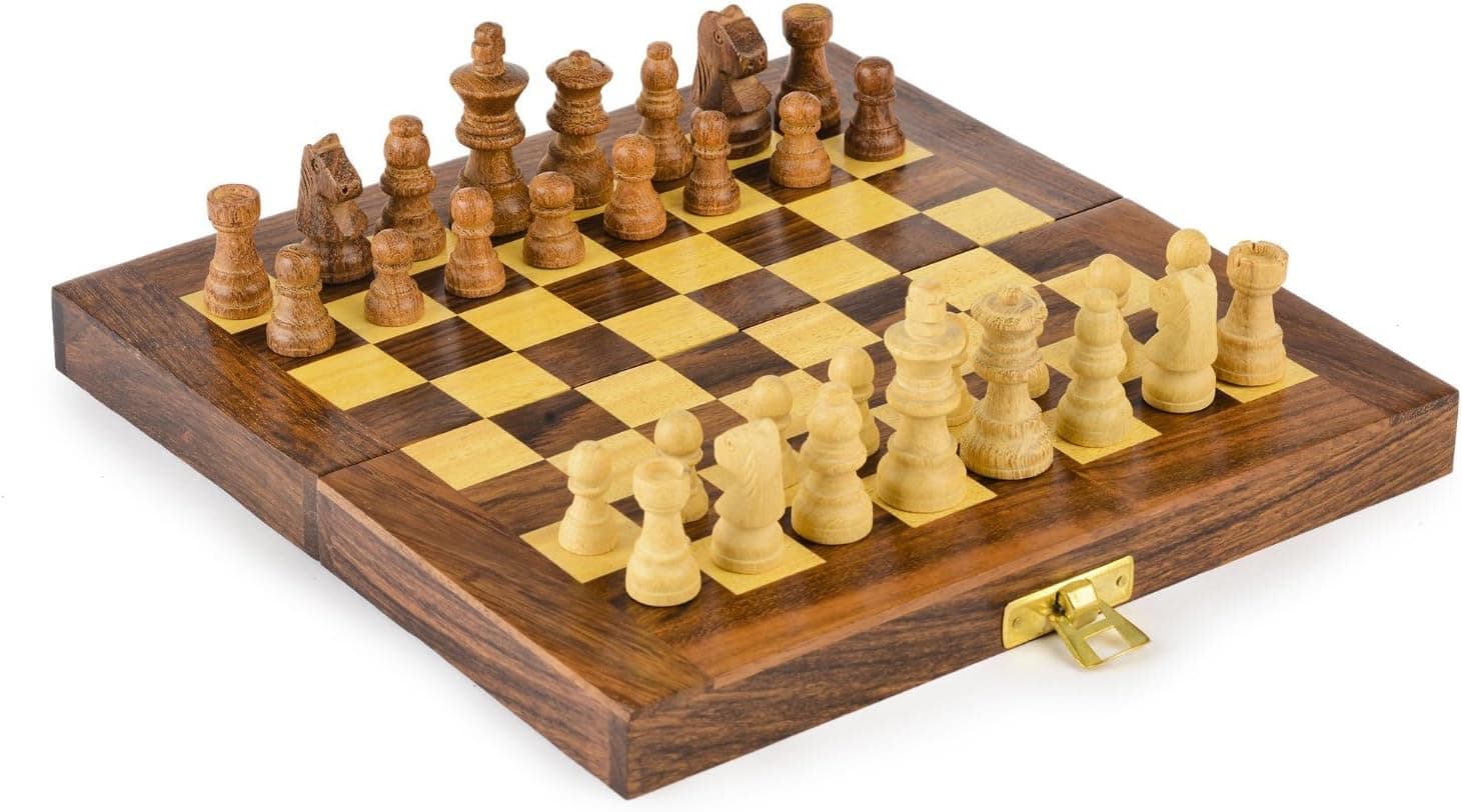 Kimaro Wooden Travel Chess Set - 6 in x 6 in - Folding Chess Board With Wood Pieces in Case - Handmade