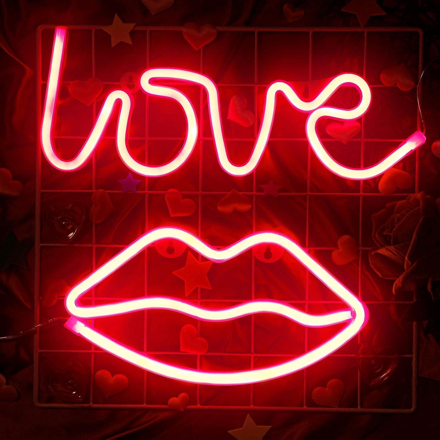 2 Pieces Lip and Love Shaped LED Neon Signs Lights with Battery and USB Operated Led Neon Lights Decorative Lights for Christmas Wedding Valentine Party Decoration (Red)