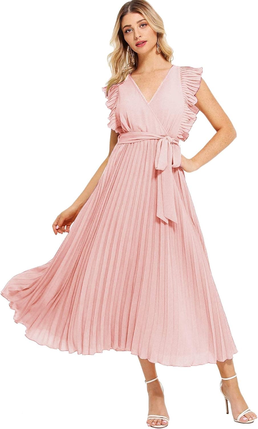 Milumia Women Casual A Line Summer Pleated Wrap V Neck Classic Dress Pink Medium