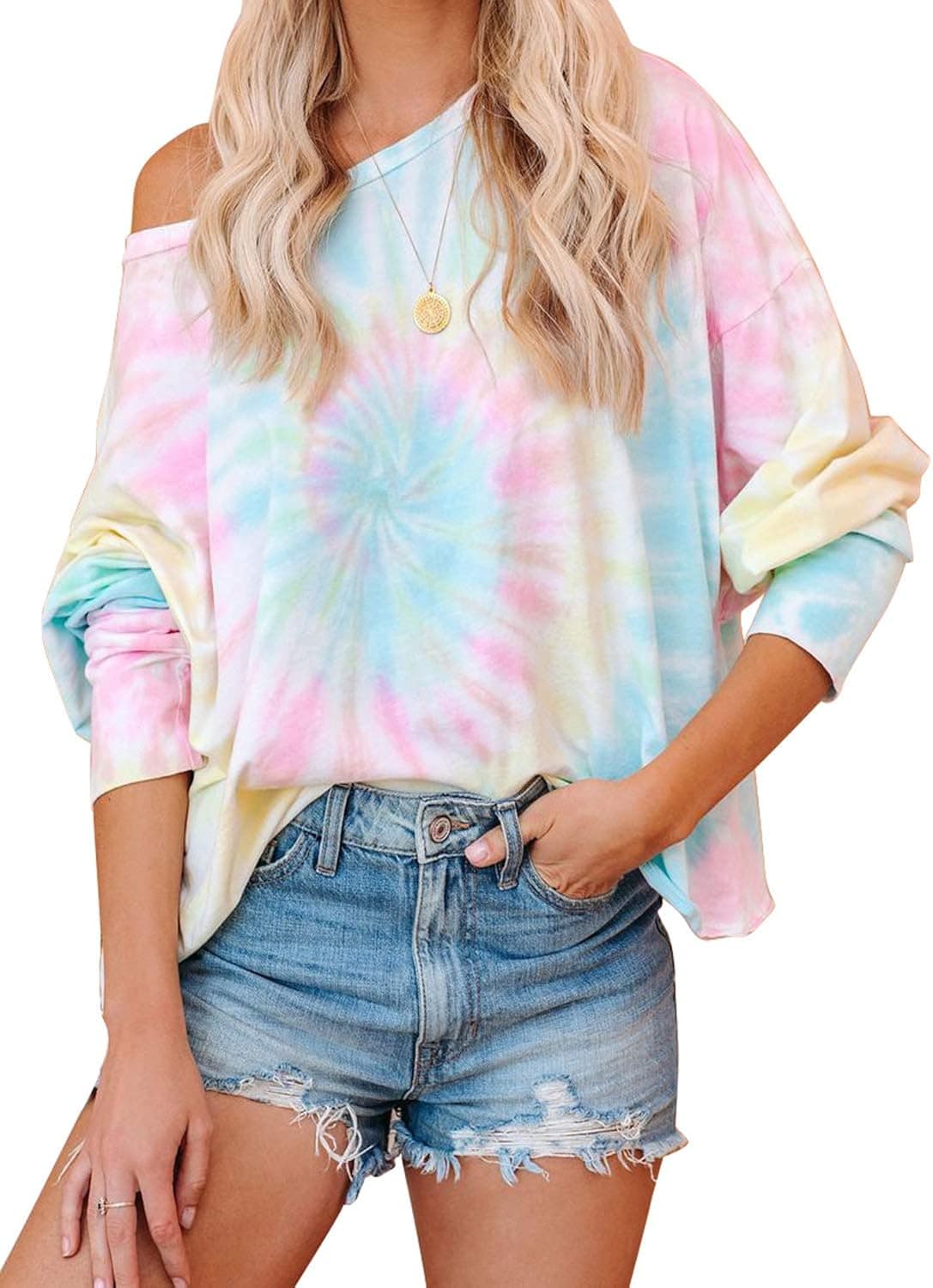 BLENCOT Women's Fashion Tie Dye Shirts Tops Round Neck Long Sleeve Warm Soft Pullover Sweatshirts Blouses Light Blue M