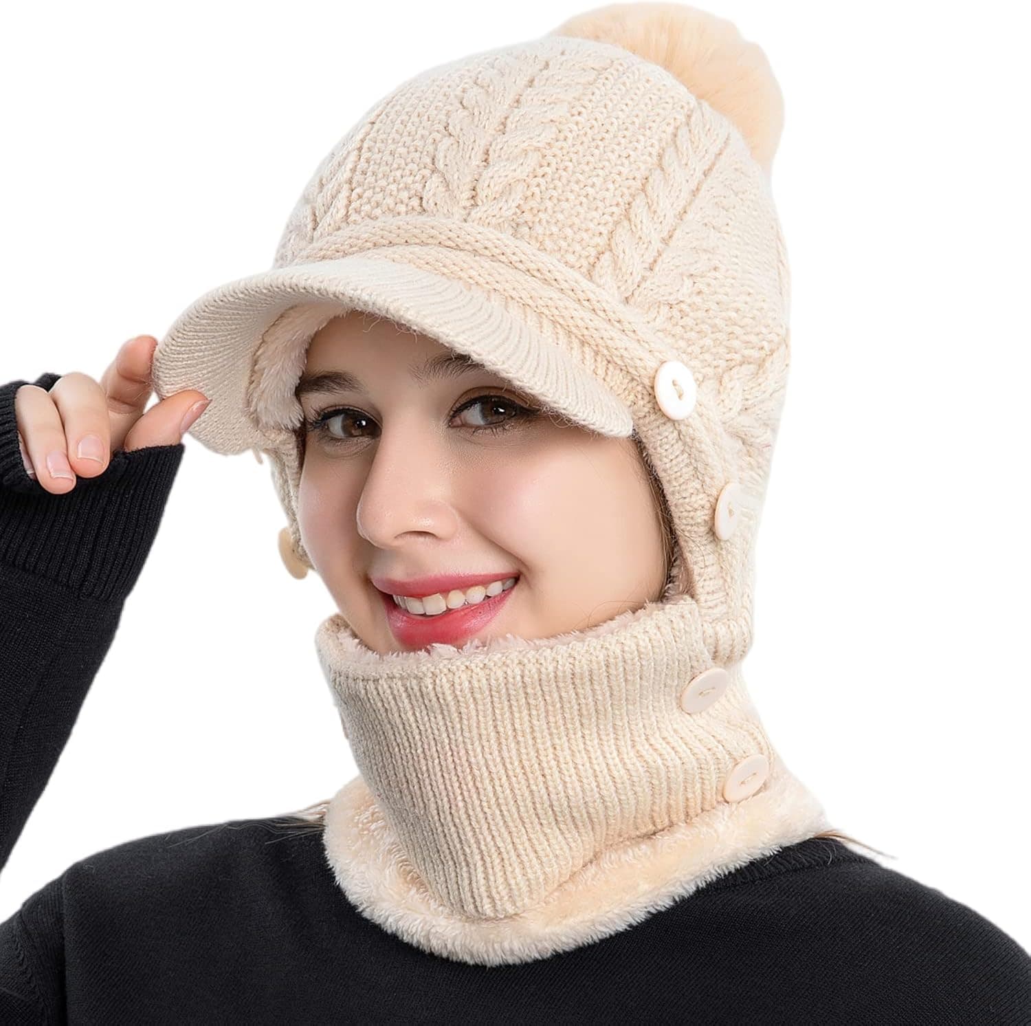 Women Winter Beanie Hats One-Piece Fleece Lined Knit Balaclavas Mask Set Skull Neck Circle Scarf Ski Snow Hat Cap with Pompom