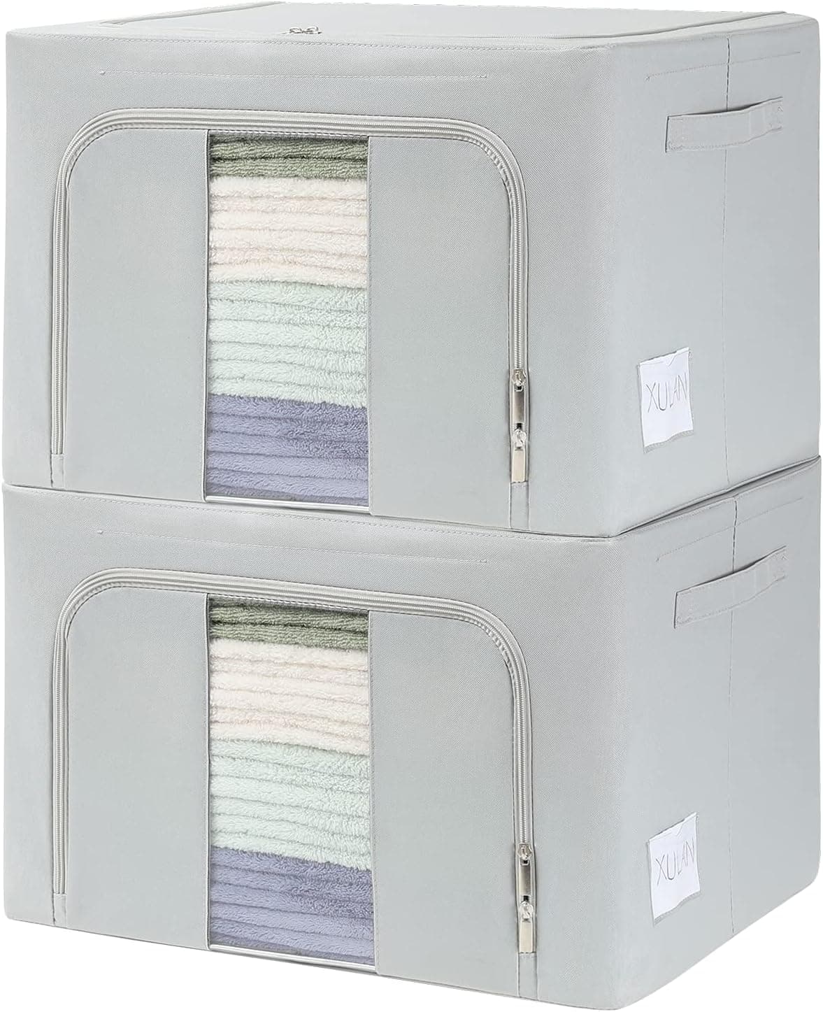 XULAN 66L Oxford Clothes Storage Bins, 2 Pack Large Metal Frame Storage Bins Stackable with Clear Window | Carry Handles for Seasonal Clothing, Bedding, Toys (Grey)