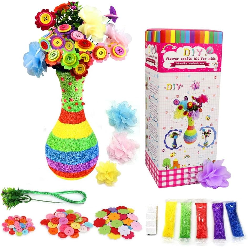 Airsnigi Flower Craft Kit for Kids,DIY Vase Crafts and Art Toy with Colorful Button & Felt Flowers,Fun Christmas Birthday New Year Gift for Girls & Boys Age 4 6 8 10 12 Year Old (Rainbow)