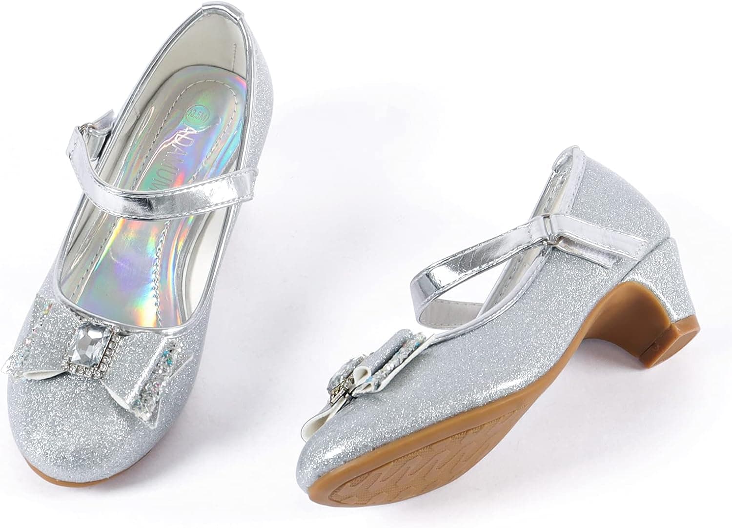 ADAMUMU Girls Dress Shoes Princess High Heel Mary Jane Glitter Shoes in Wedding Party for Toddler Little Big Girl with Bowknot Flower Velcro