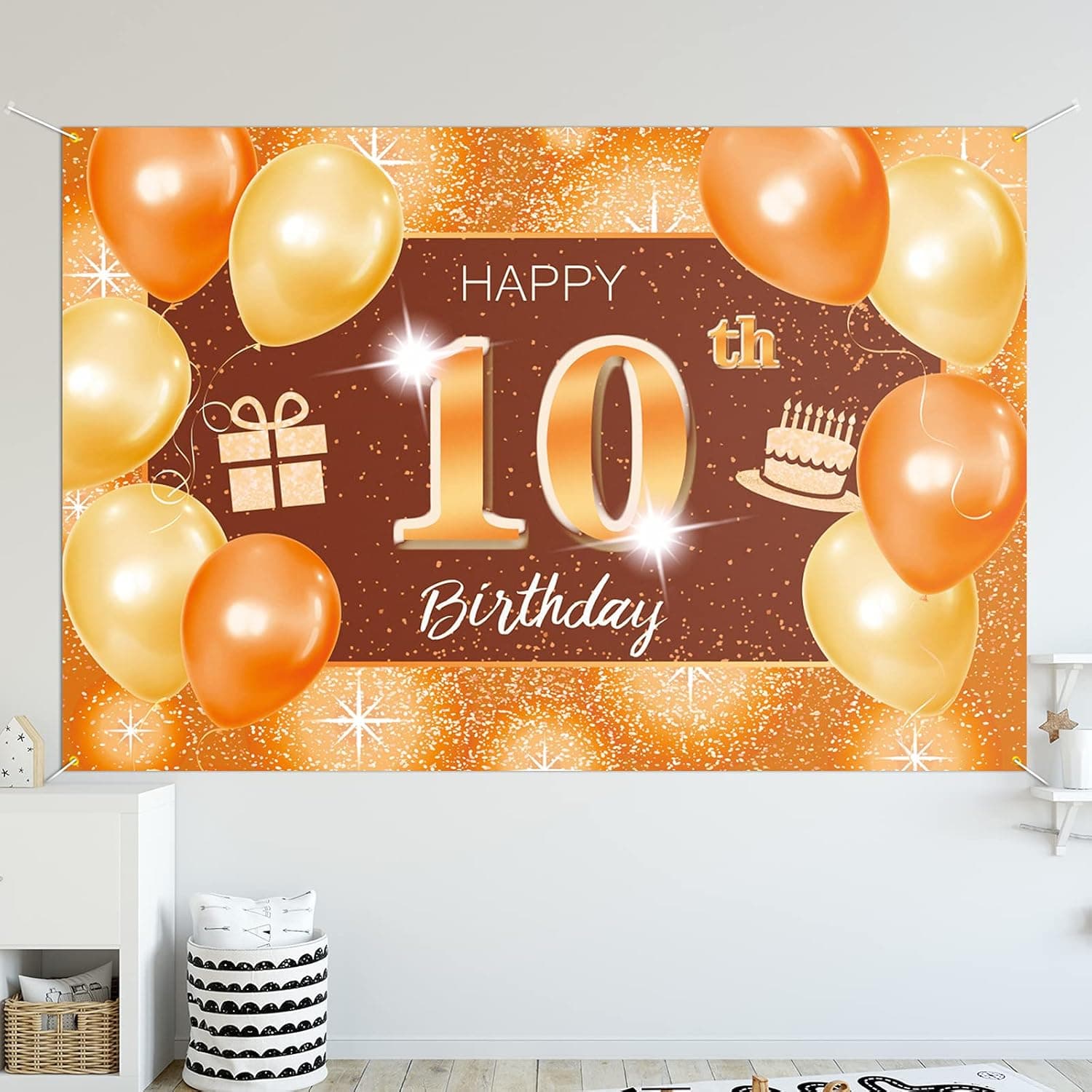 Happy 10th Birthday Backdrop Banner Decor Orange – Glitter Dots 10 Years Old Birthday party Theme Decorations for Girls Boys Supplies
