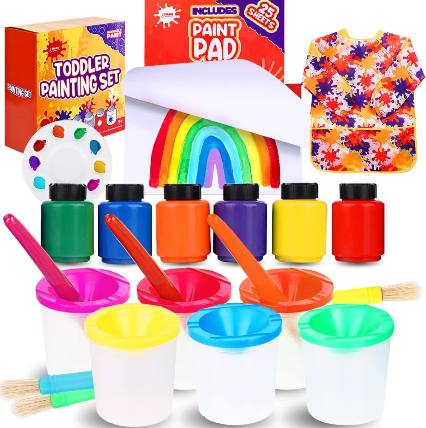 J MARK All Inclusive Toddler Painting Set - Spill Proof Paint Cups, Paint Pad, Brushes, Safe Tempera Toddler Washable Paint, Palette - Toddler Paint Set