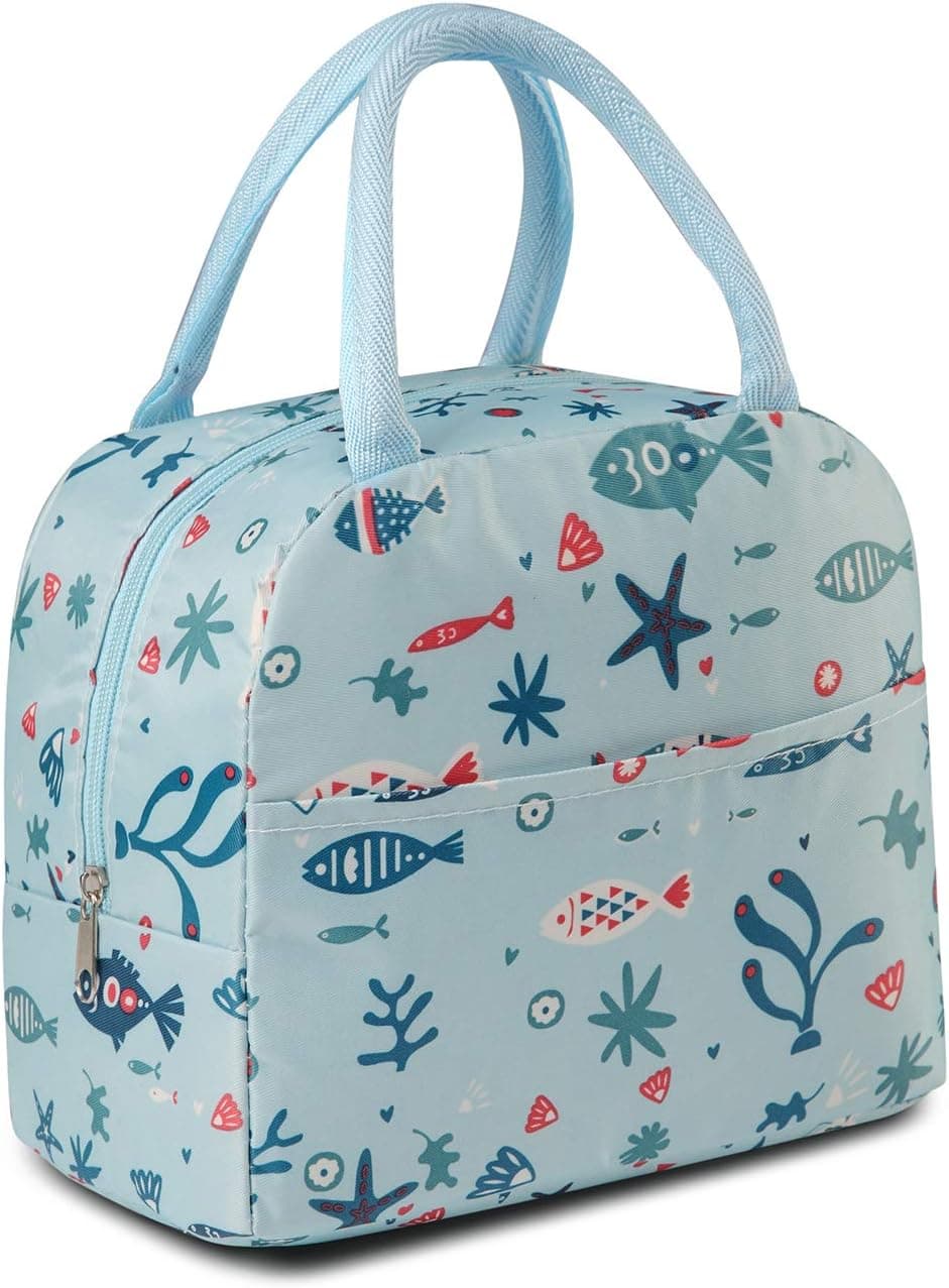 Kasqo Lunch Box Bag for Kids, Insulated Cooler Bag Boys and Girls Durable Foldable Lunch Tote Children’s Thermal Bag with Front Pocket for School Picnic Travel in Ocean Animal