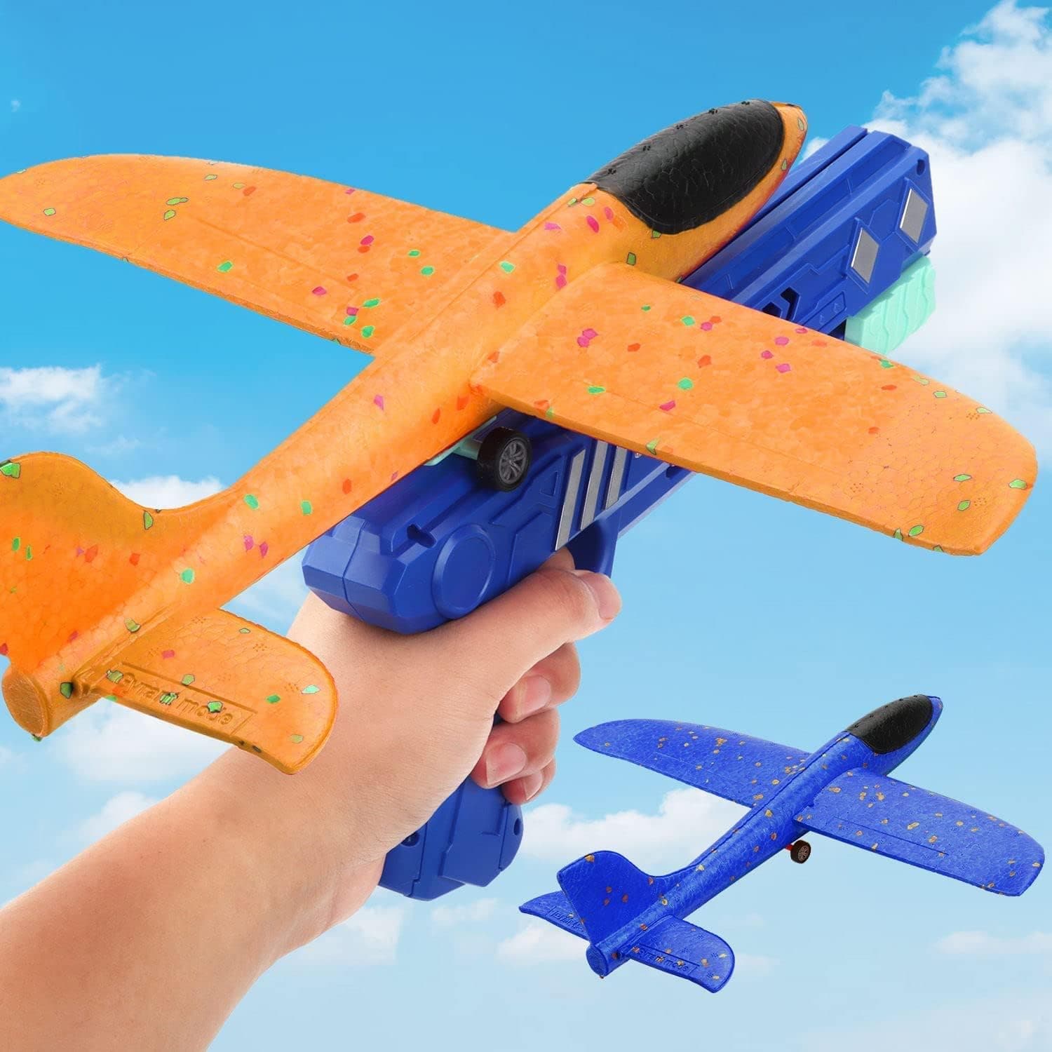 Aizoer Airplane Toy, 2 Flight Mode Catapult Plane Toy for Kids,Throwing Foam Plane with Launcher Toys One-Click Ejection Shooting Birthday Toy for 6 7 8 9 Year Old Boys and Girls （Blue + Orange）
