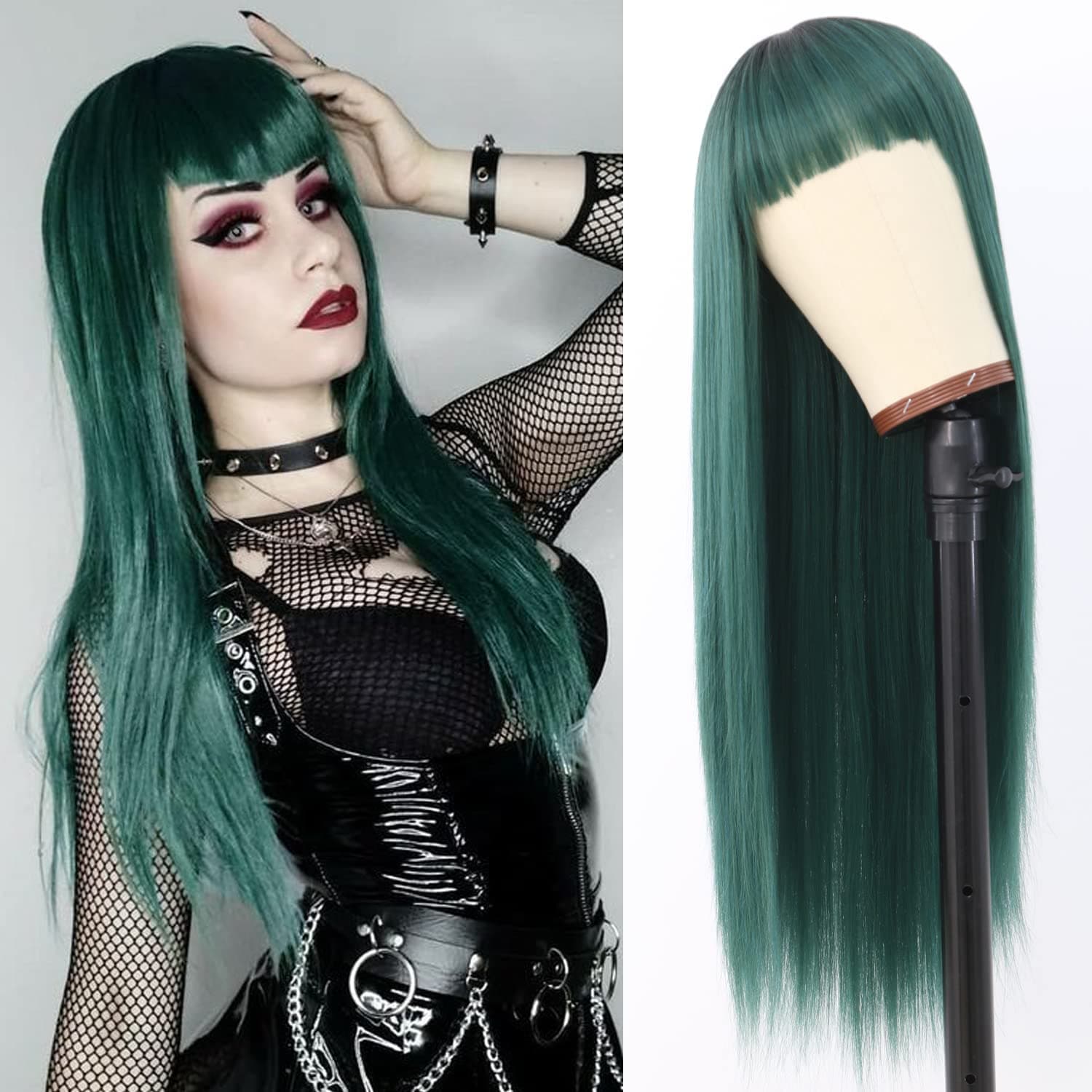 Vvan Long Straight Hair Ombre Green Straight Wigs With Bangs Heat Resistant Fiber Hair Full Machine Wig Cosplay Wig Party Wig For All Women(24 Inches Green Hair)