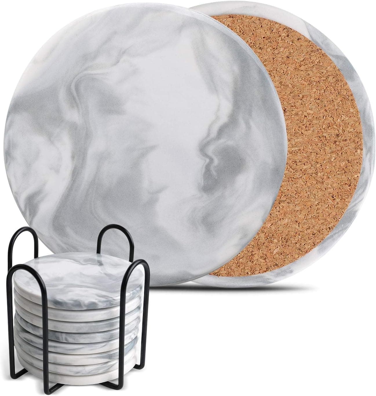 8 Pcs Grey Marble Pattern Ceramic Coasters with Metra Holder, Coster for Drinks, Bar, Beer with Cork Backing Prevent Furniture from Dirty, Water Ring and Scratched