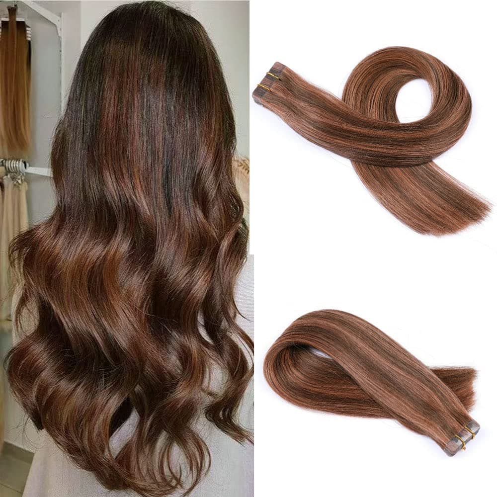 Tape in Hair Extensions Human Hair Natural Weft Tape on Real Hair Extensions Silky Straight Highlight Seamless Glue in Brazilian Human Hair Extensions (20inch, #p4/30)