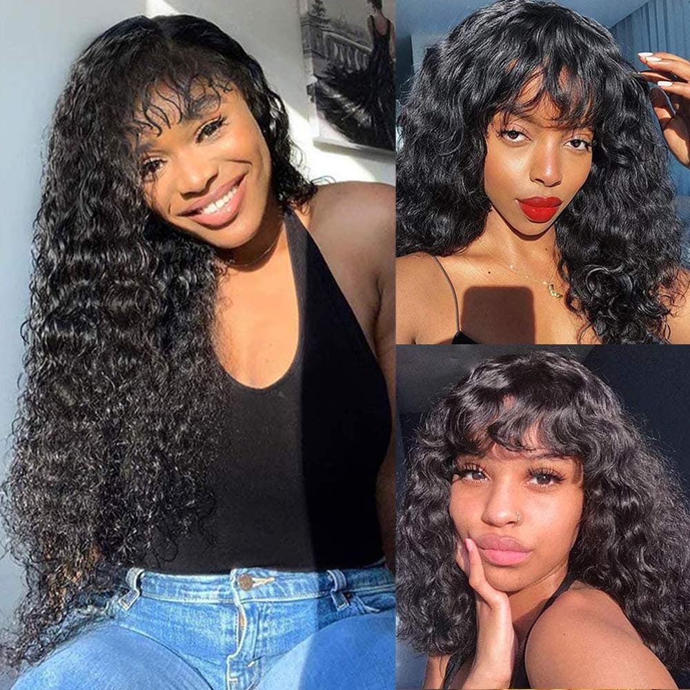 Brazilian Water Wave Virgin Human Hair Wigs With Bangs None Lace Front Wigs 9A Glueless Machine Made Wigs For Black Women 150% Density Natural Color Sufeiya Hair(18 inch)