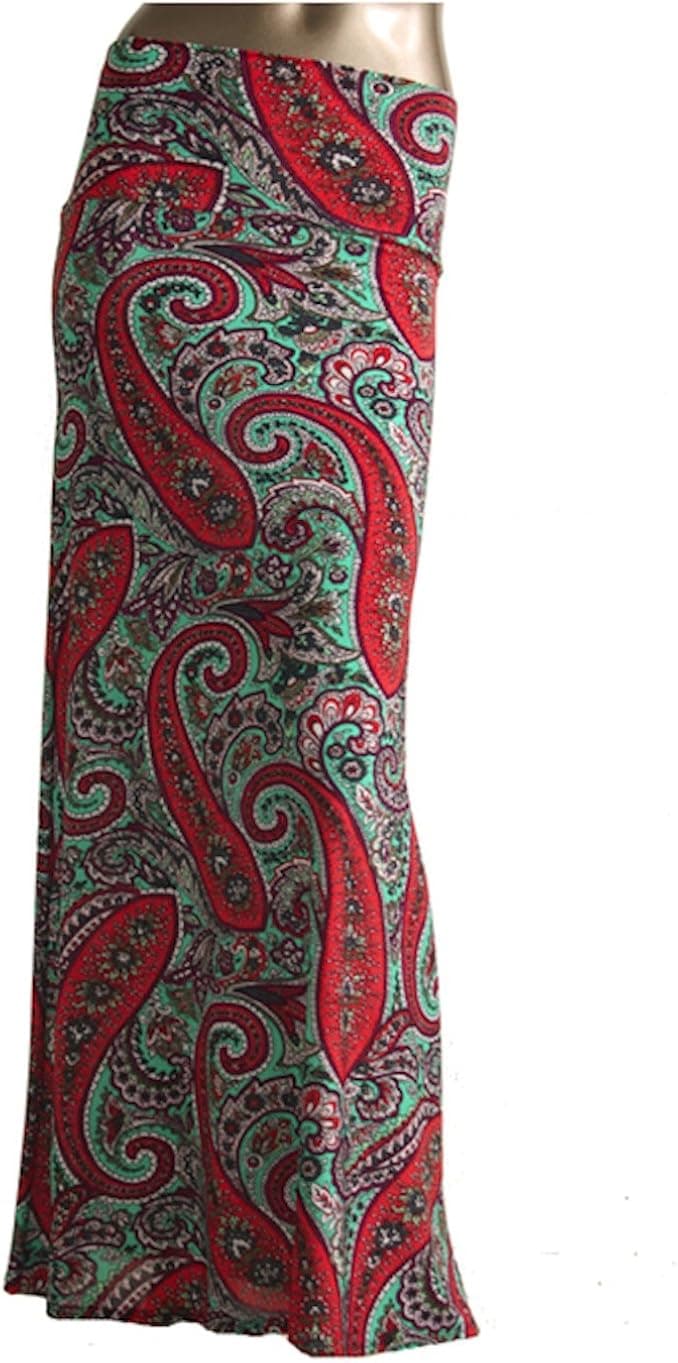Women'S Poly Span Multiple Selection Paisley Print Maxi Skirt (M, Red & Jade)C-93