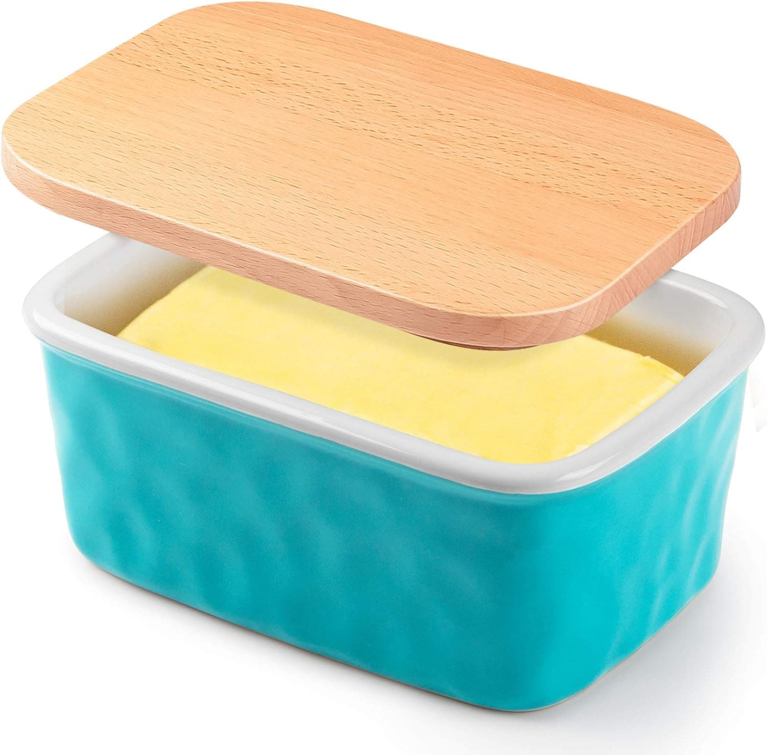 Krokori Ceramic Butter Dish Butter Keeper Covered Butter Container with Wooden Lid Non-Airtight Butter Crock for Kitchen and Daily Use, Large Capacity (Blue)