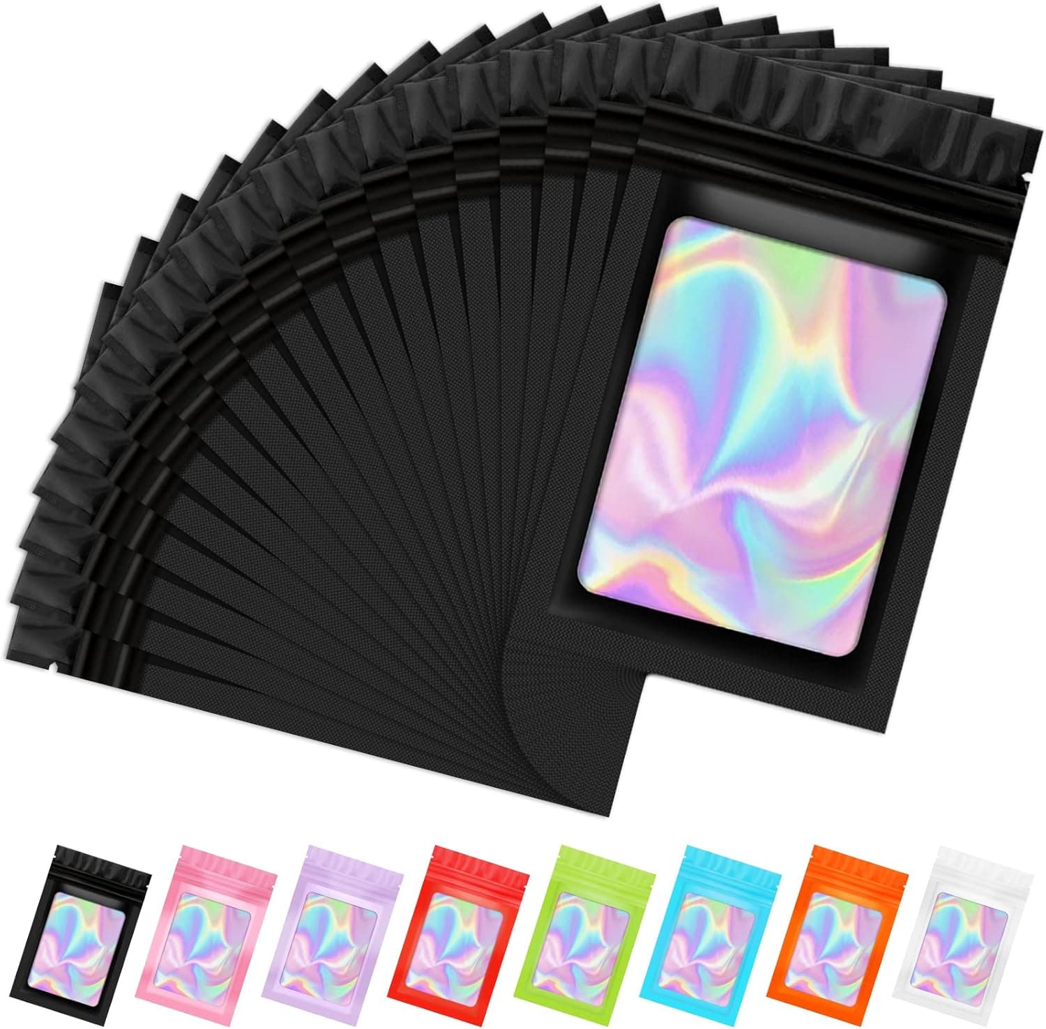 50Pcs Smell Proof Bags Resealable Bags for Food Storage 3x4.7Inch Holographic Bags with Clear Window Foil Pouch Packaging Bag Self Sealing Bag for Party Favors, Lipgloss, Jewelry, Candy Black