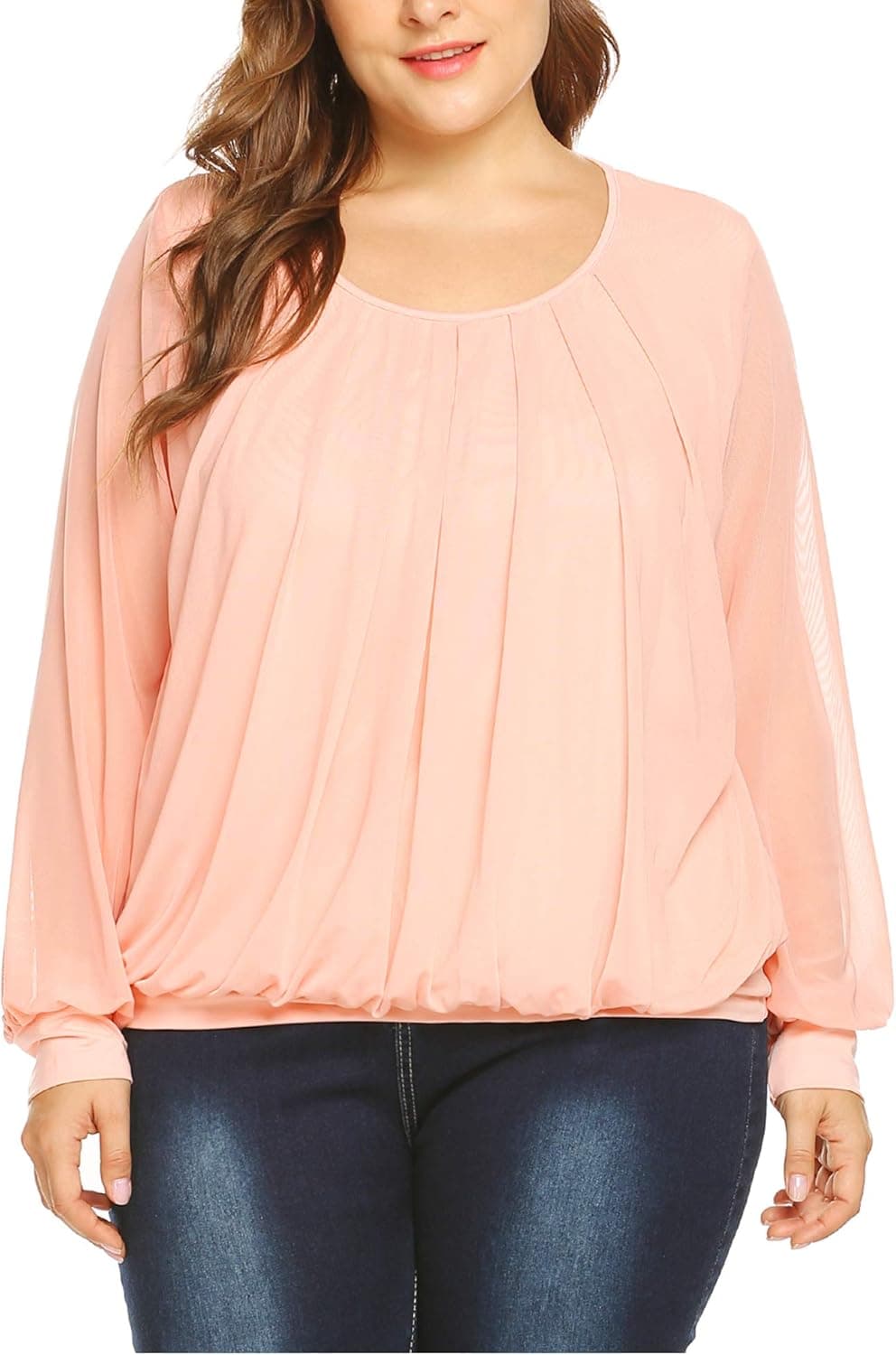 IN'VOLAND Women's Plus Size Blouses Short/Long Sleeve Tunic Tops Shirt Scoop Neck Pleated Front Fitted