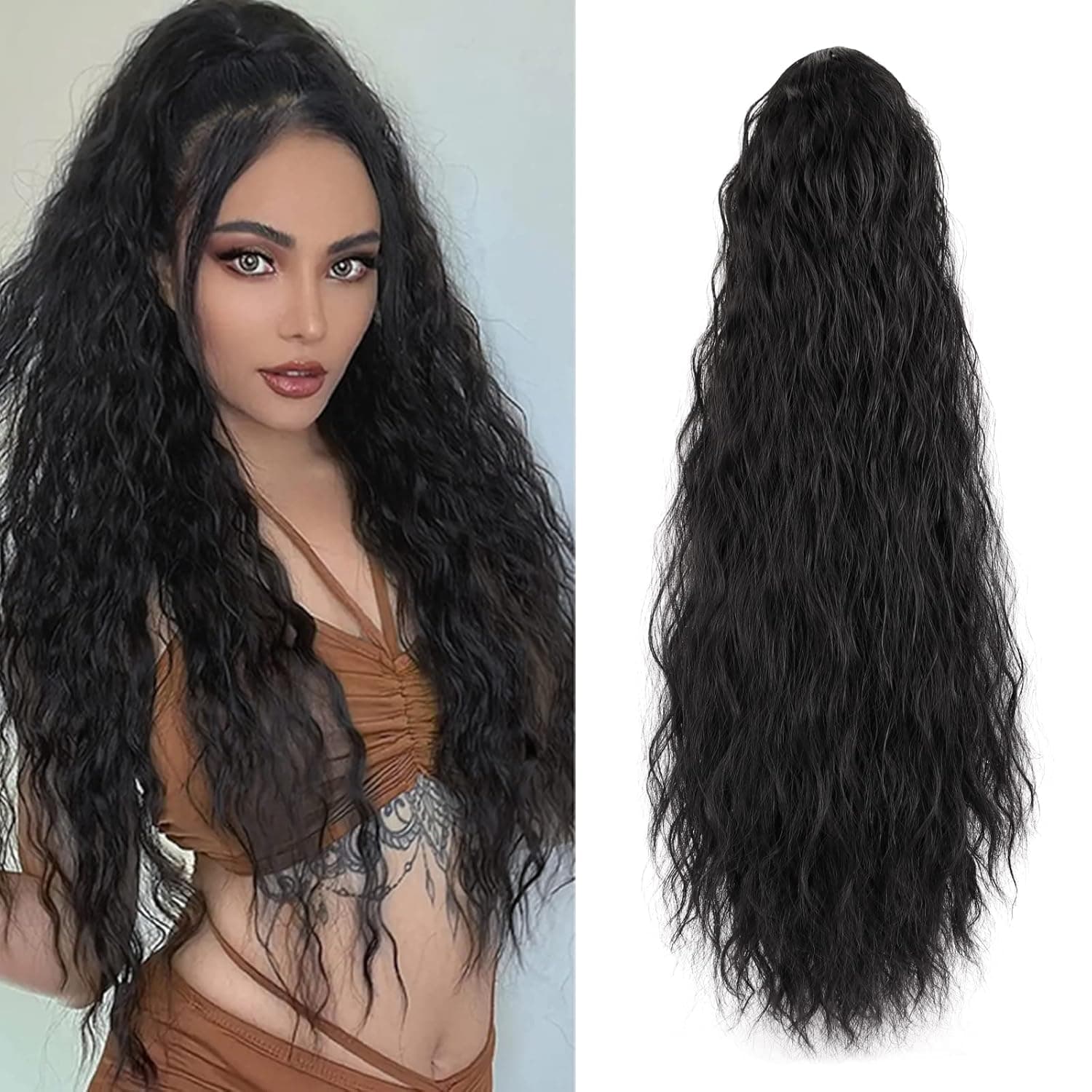 Gx Beauty Long Black Curly Drawstring Ponytail 26Inch Curly Ponytail Hair Extension Synthetic Clips in Drawstring Ponytail for Women Daily Use (Black)