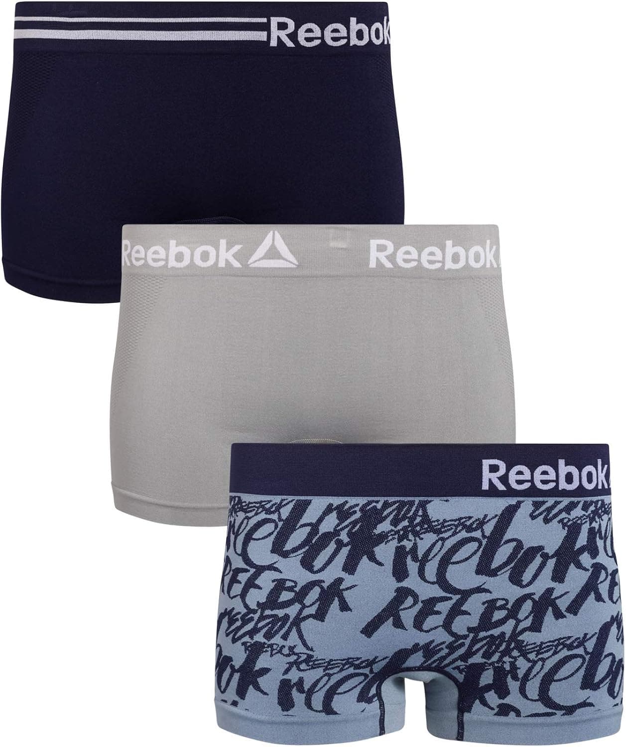 Reebok Women's Underwear - Seamless Boyshorts (3 Pack) (Navy/Grey/Blue Print, Medium)'