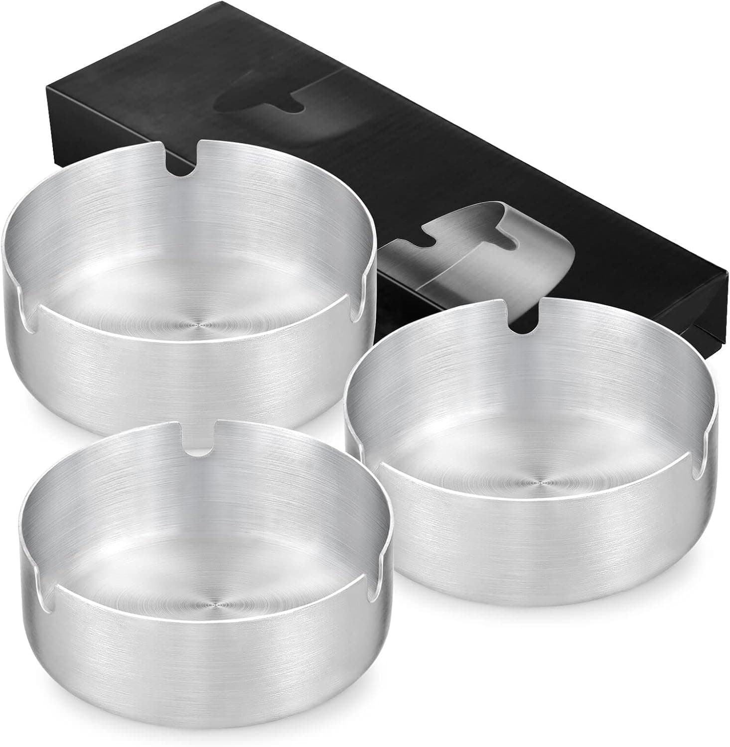 Pack of 3 Outdoor Ashtray, Ash Tray Sets for Cigarettes, Stainless Steel Ashtrays, Portable Round Metal Ash Holder for Indoor/Outside/Home/Office/Patio/Table/Balcony - Silver