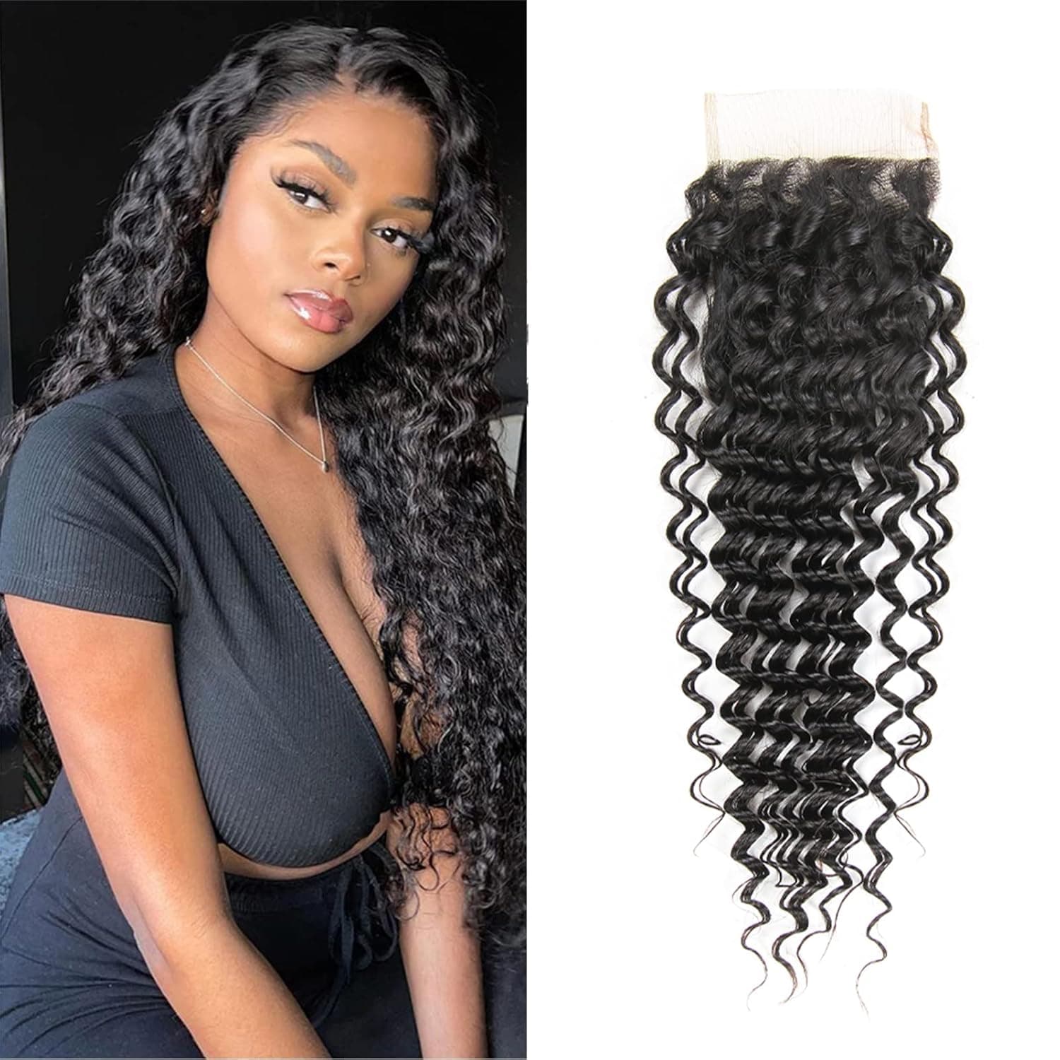 BEAUTY GRACE Deep Wave 4x4 Lace Closure Brazilian Virgin Deep Wave Lace Closure Free Part Natural Color (14Inch, Lace Closure)