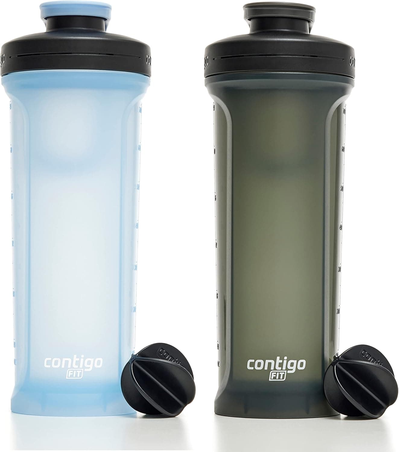 Contigo Fit Shake & Go 2.0 Shaker Bottle with Leak-Proof Lid, 28oz Gym Water Bottle with Whisk and Carabiner Handle, Dishwasher Safe Mixer Bottle, 2-Pack Periwinkle & Sake