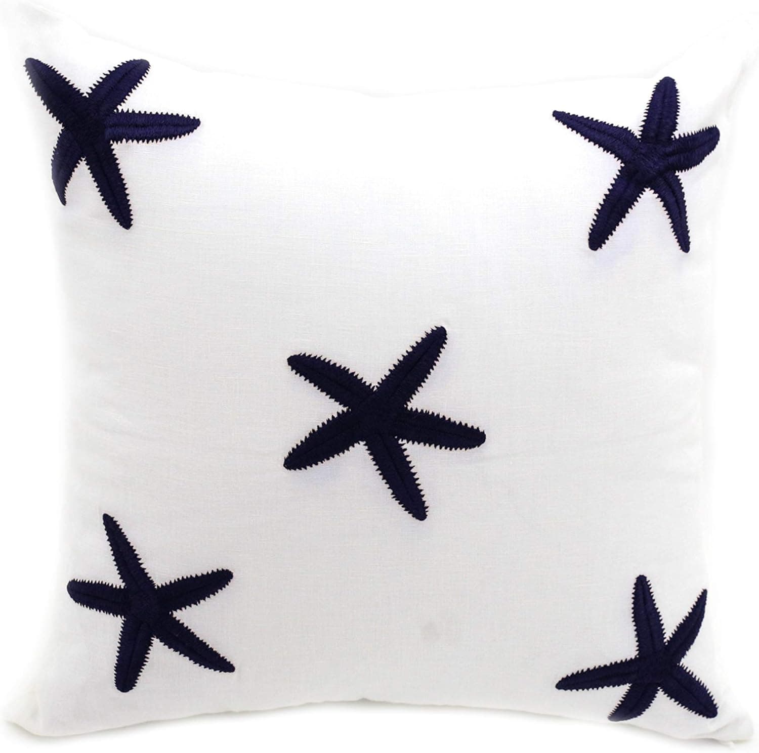 KainKain Starfish Pillow Cover, Nautical Decorative Couch Pillow, White Blue Cotton Linen Square Pillow, Handmade Embroider, Beach House Pillow Decor (18 inch x 18 inch)