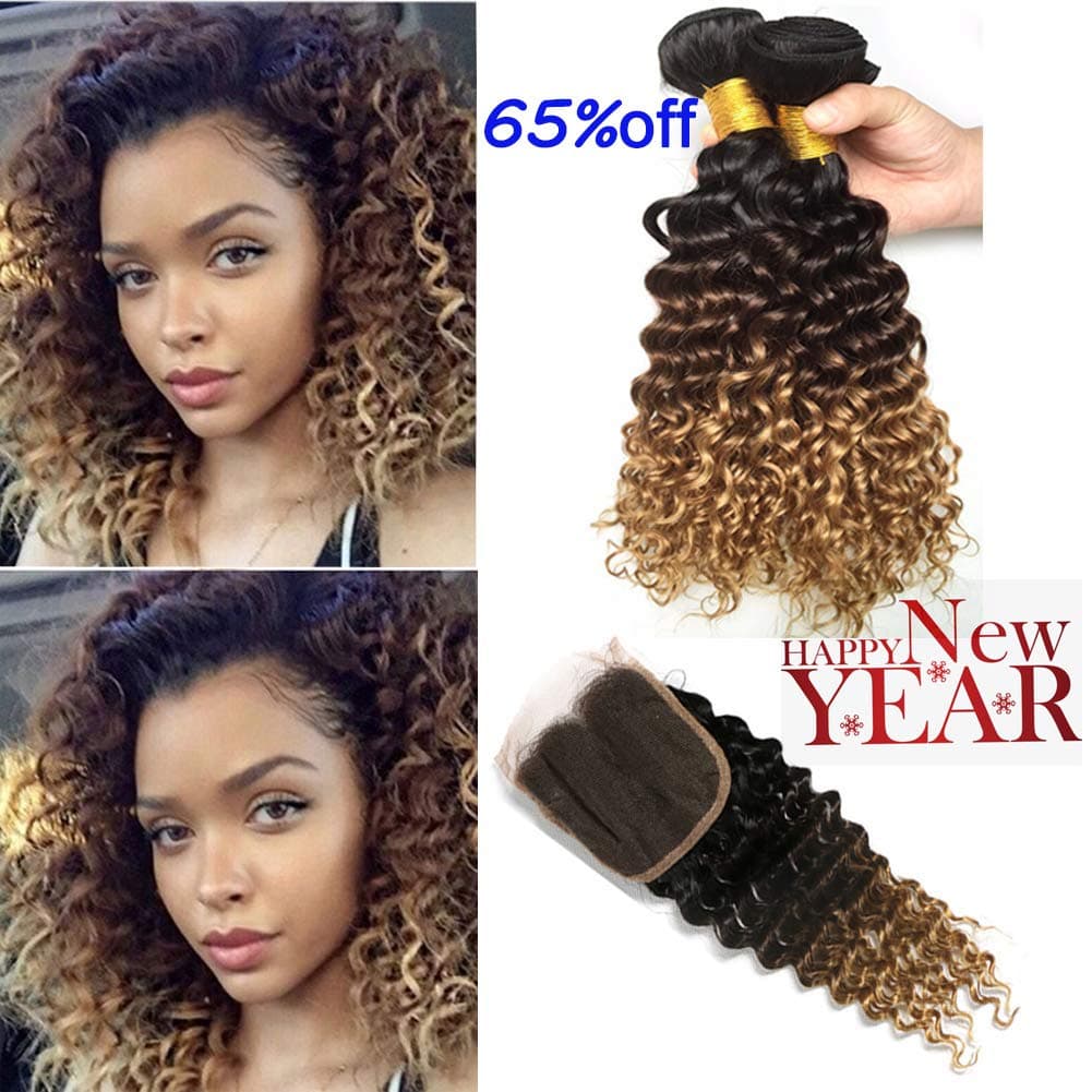 1B/4/27 Brown Blonde Ombre Hair Deep curly Weave With Free part Top Closure Brazilian Virgin Hair 3Bundles Deep Wave with 4x4 Lace Closure 10 12 14+10, Ombre Color 1b/4/27