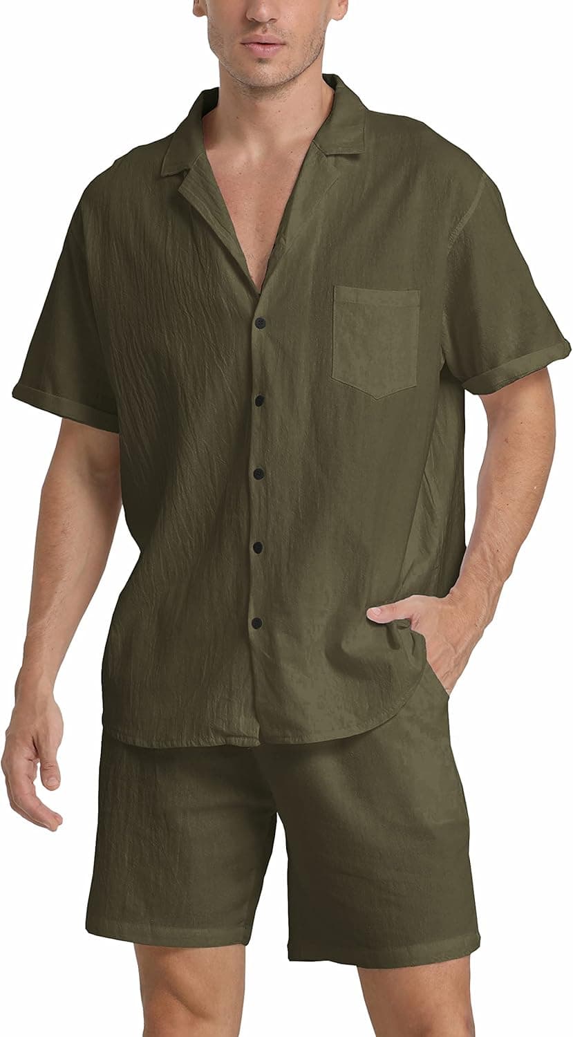 RPOVIG Linen Shirt Short Outfits:Men's Beach 2 Pieces Casual Button-Down Sets