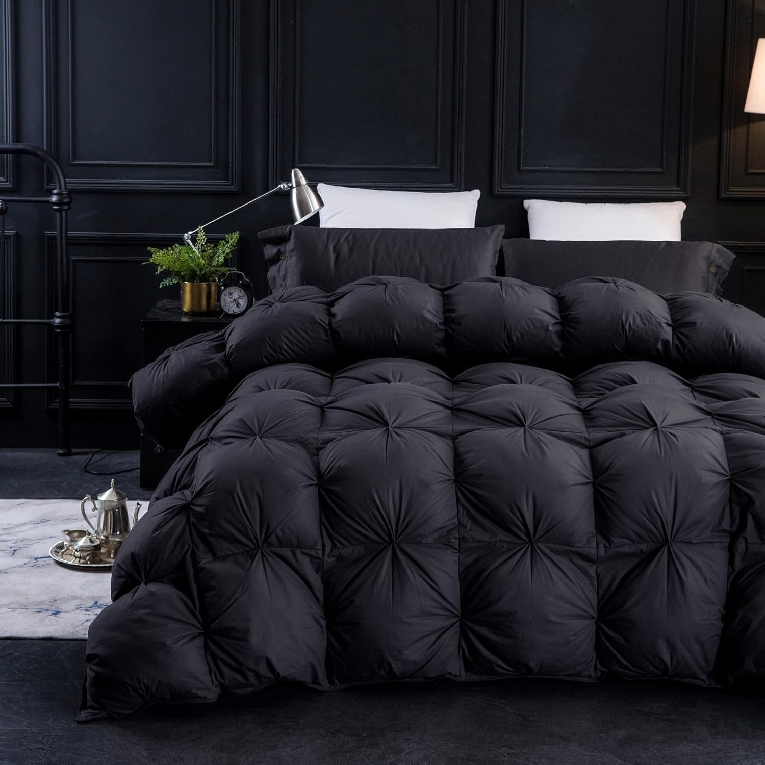 Three Geese Pinch Pleat Goose Feathers Down Comforter Twin Size Duvet Insert,750+ Fill Power,1200TC 100% Cotton Fabric,Premium Black-Gray Comforter for All Seasons with 8 Tabs