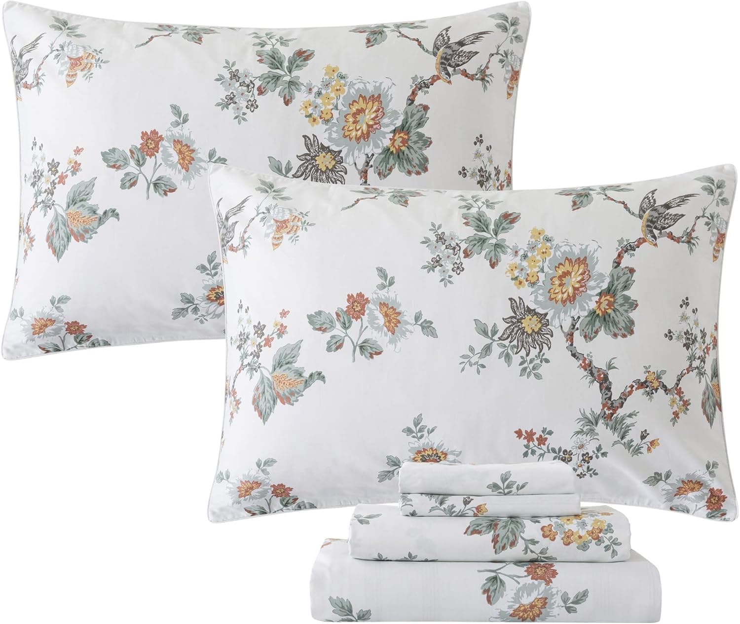 FADFAY Sheets Set Twin Elegant Floral Bedding Shabby Beige Bird Print Flower Bed Sheet Set Vintage Farmhouse Bedding 100% Cotton Ultra Soft Girls Bedding with Deep Pocket Fitted Sheet 4Pcs, Twin Size