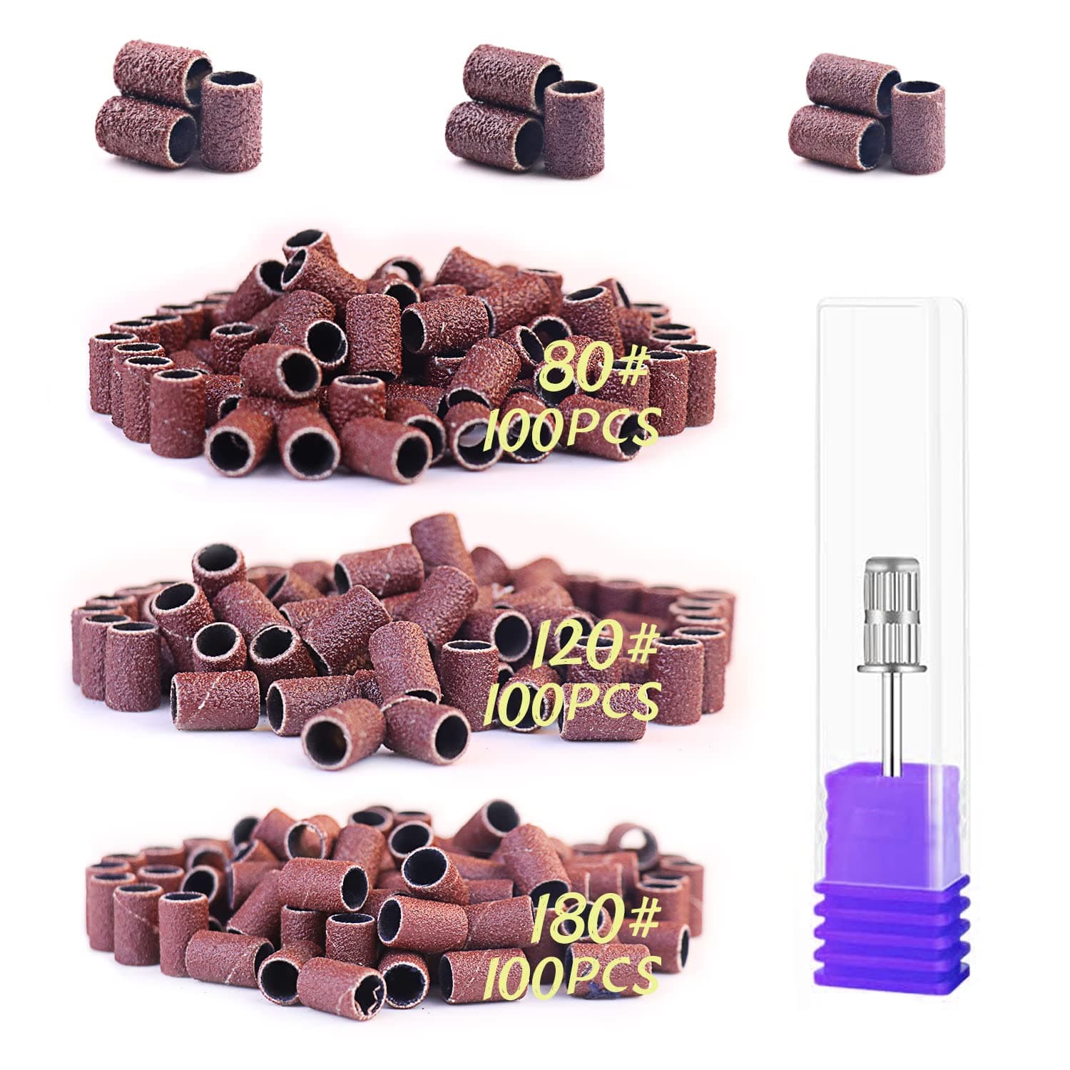 Sanding Bands for Nail Drill RedFlow 300 Pcs Sanding Bands,Size #80#120#180 Coarse Fine Grit Efile Sand Set Working on Natural Nails and Acrylic Nails,Comes with a nail drill bit (Set 2)