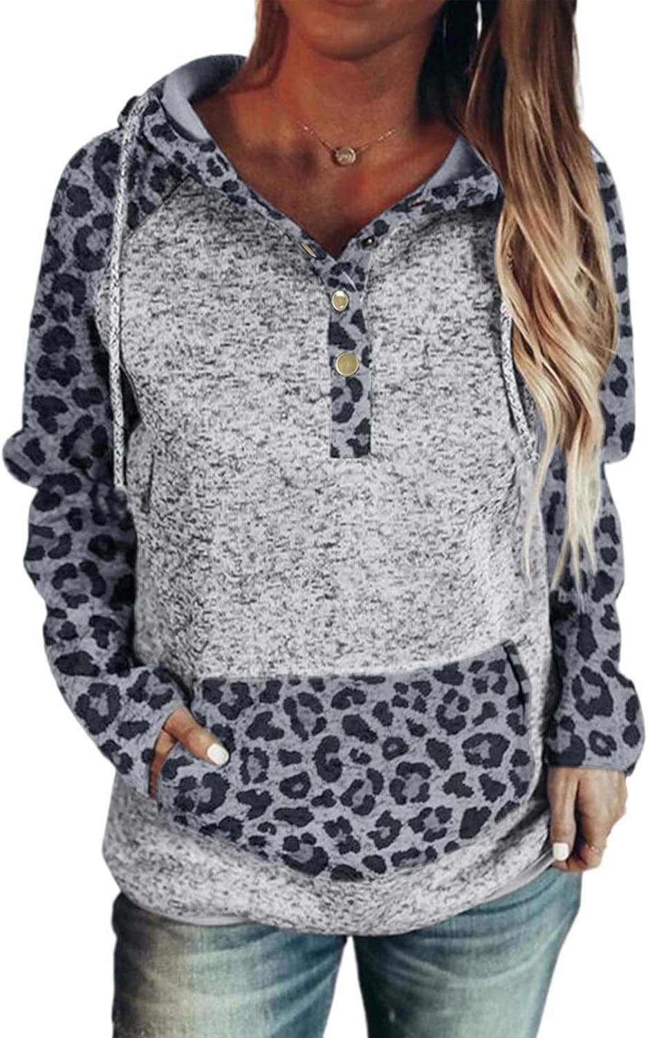 Sidefeel Womens 1/4 Button Down Long Sleeve Drawstring Hoodies Sweatshirt