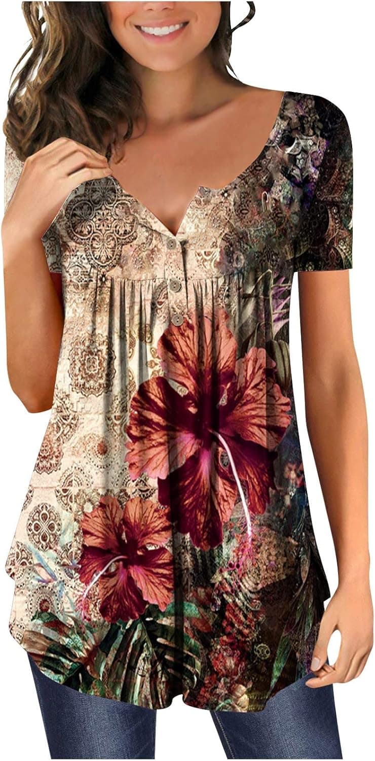 Women Tunic Tops 2023 Summer Casual Dressy Short Sleeve T Shirts Floral Cute Tees Tshirt Trendy Blouses to wear with Leggings