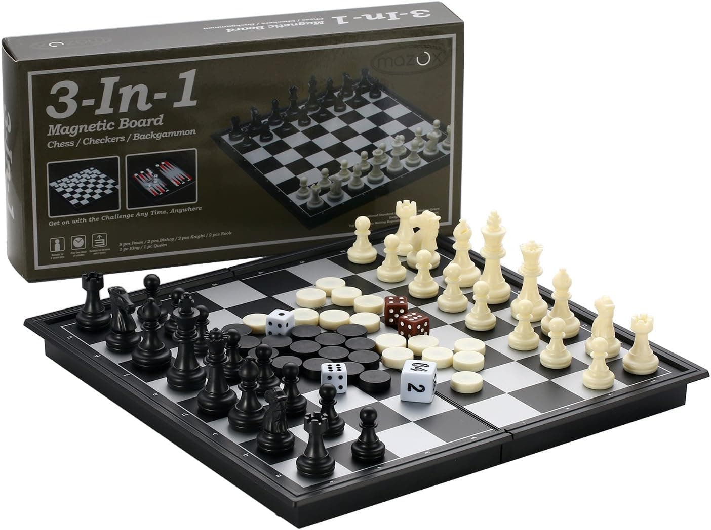 3-in-1 Folding Travel Chess & Checkers & Backgammon Chess Set by MAZEX for Kids or Adults Chess Board Game 12.5X12.5X0.8Inch(Black&White Chess Pieces)