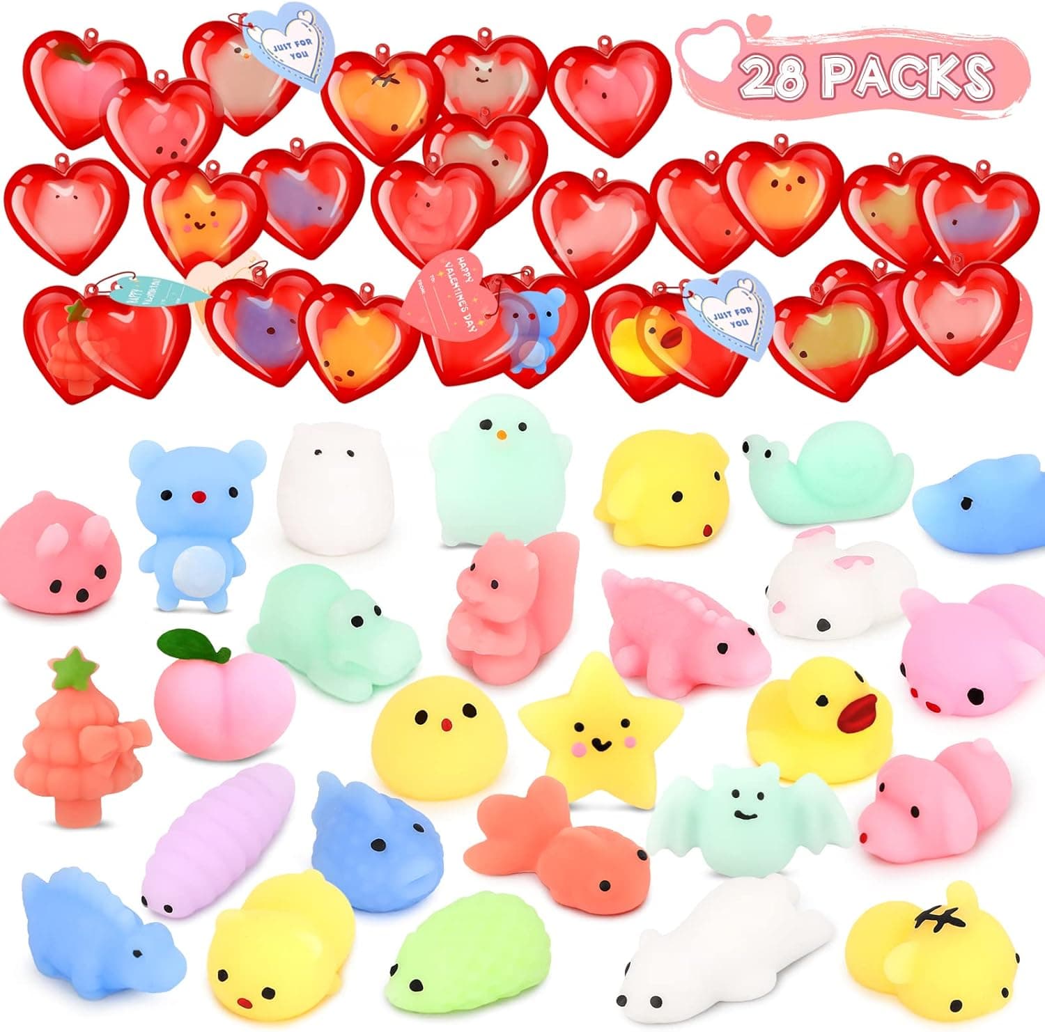 Dreamon 28 Pcak Valentines Day Mochi Squishy Toys with Hearts and Valentine Cards for Kids,Valentine Gift Exchange Party Favors,Game Prizes and Carnivals Gift.
