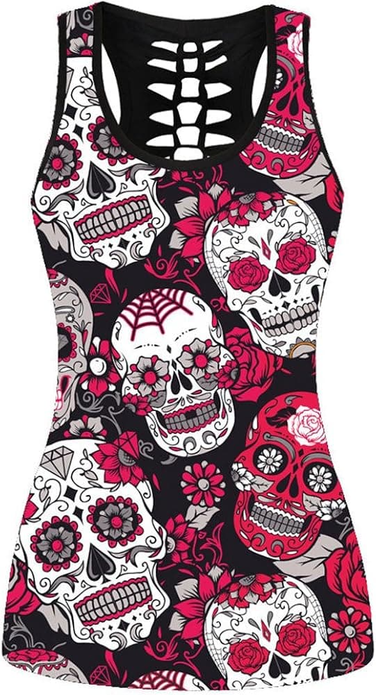 Sister Amy Women's Skull Print Hollow Out T-Shirt Crew Neck Plus Size Tank Top