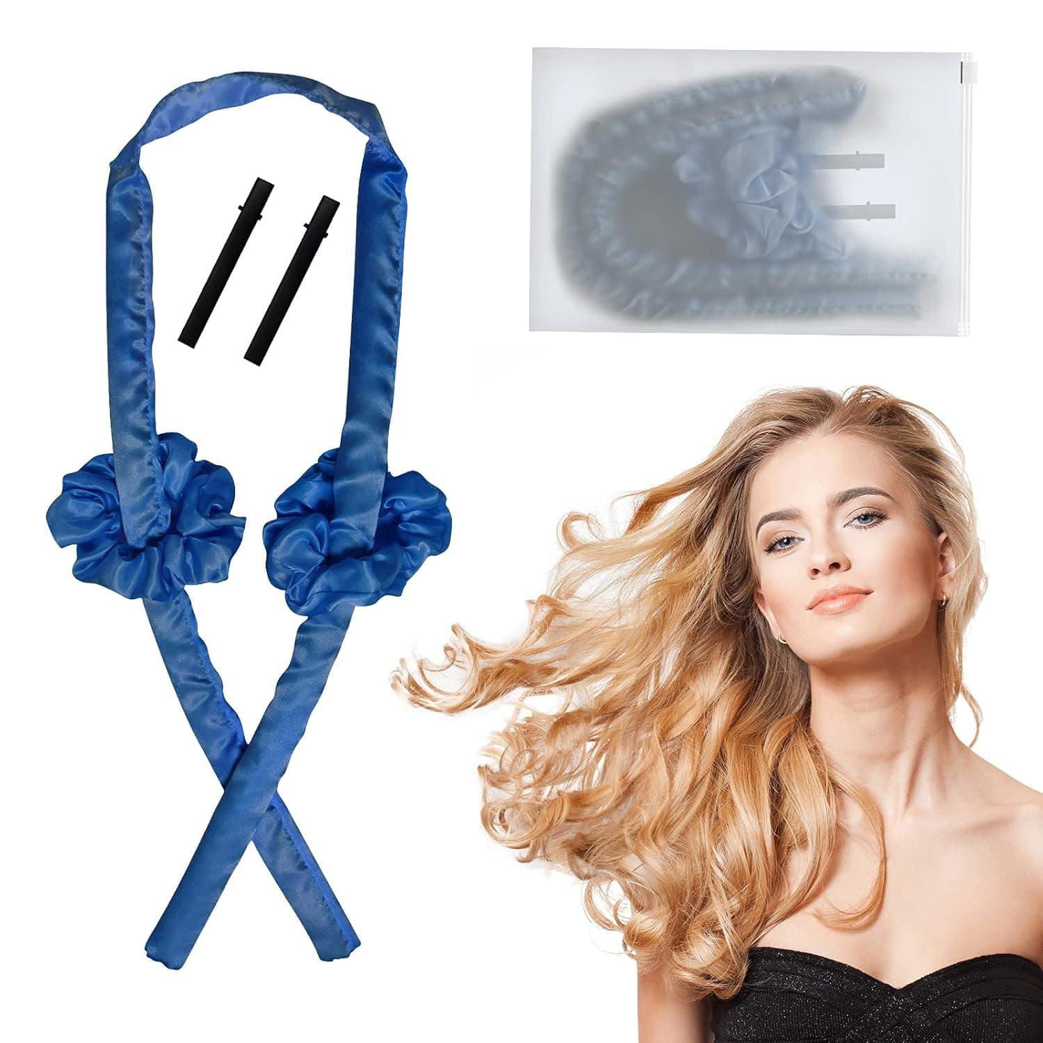 Heatless Curling Rod Headband, No Heat Hair Curler with Hair Clips and Scrunchie, Heatless Curling Silk Ribbon for Long Hair Curls, Soft Rubber Hair Curlers Rollers for Sleep in Overnight, Navy Blue