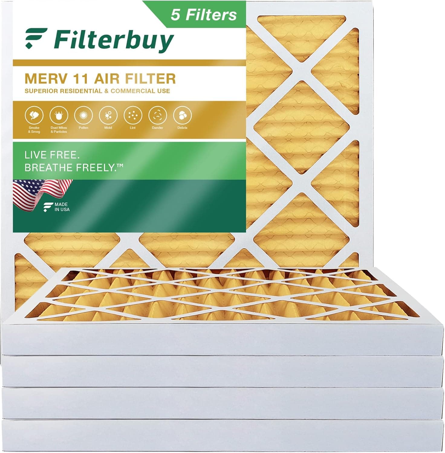 Filterbuy 20x20x2 Air Filter MERV 11 Allergen Defense (5-Pack), Pleated HVAC AC Furnace Air Filters Replacement (Actual Size: 19.50 x 19.50 x 1.75 Inches)