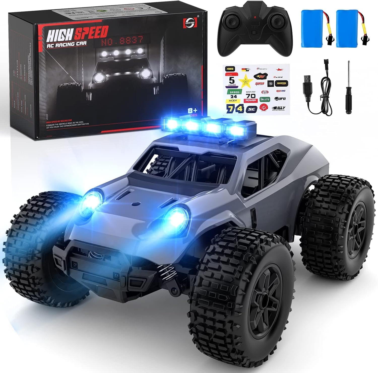 EpochAir Remote Control Car - 28km/h 2.4GHz High Speed Rc Cars Toys, Offroad Hobby Rc Truck Toy with LedLights, Rechargeable Toy Car Gift for 3 4 5 6 7 8-12 Year Old Boys Girls Kids Toys