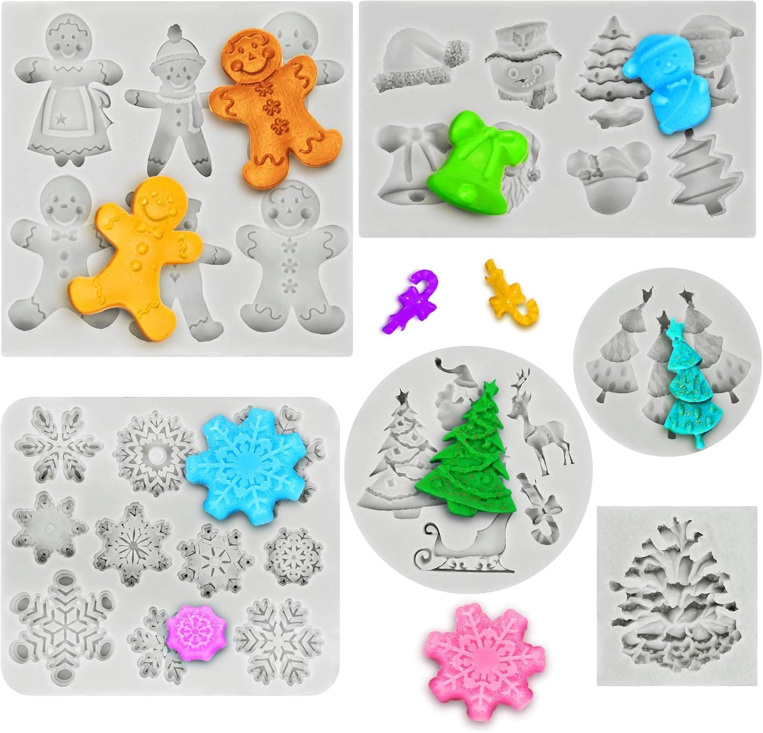 6 Pieces Christmas Silicone Mold Christmas Gingerbread Snowflake Pinecones Fondant Molds Xmas Cake Cupcake Decoration for Making Chocolate Ice Cube Candle