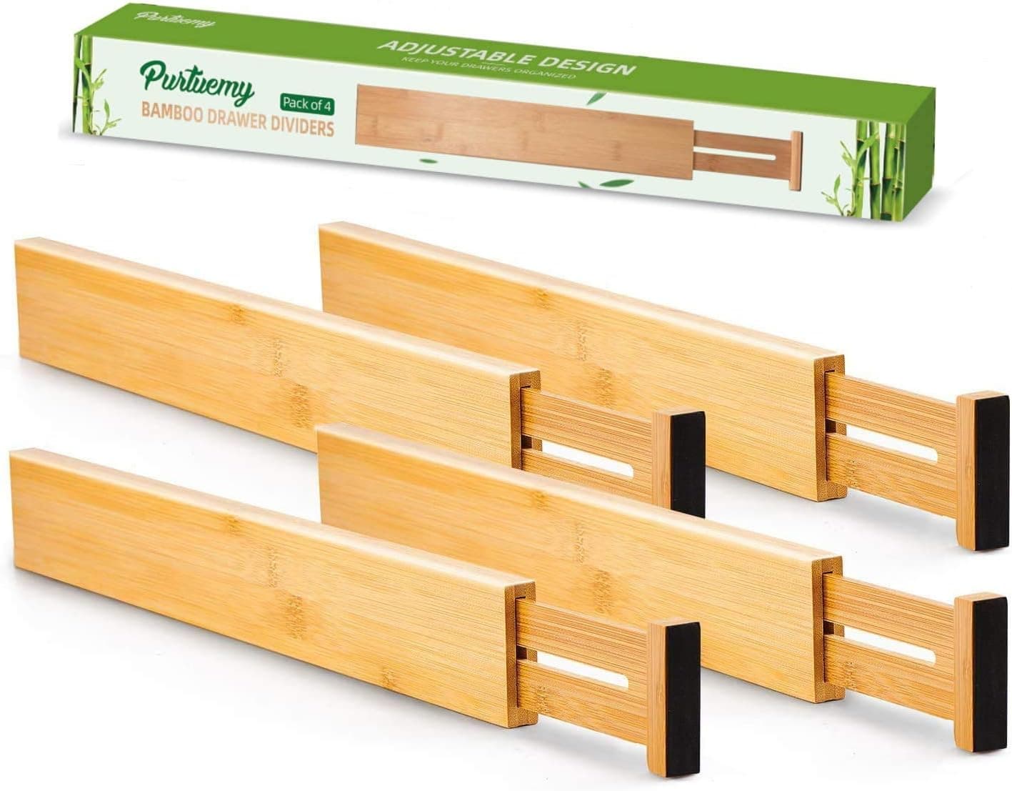 Purtuemy Kitchen Drawer Organizer(13-15.7 INCH) Bamboo Drawer Organizer Spring Loaded Adjustable Separators Utensil Organizer for Kitchen Bedroom Bathroom Desk and Office,Organizer Gift, 4-Pack