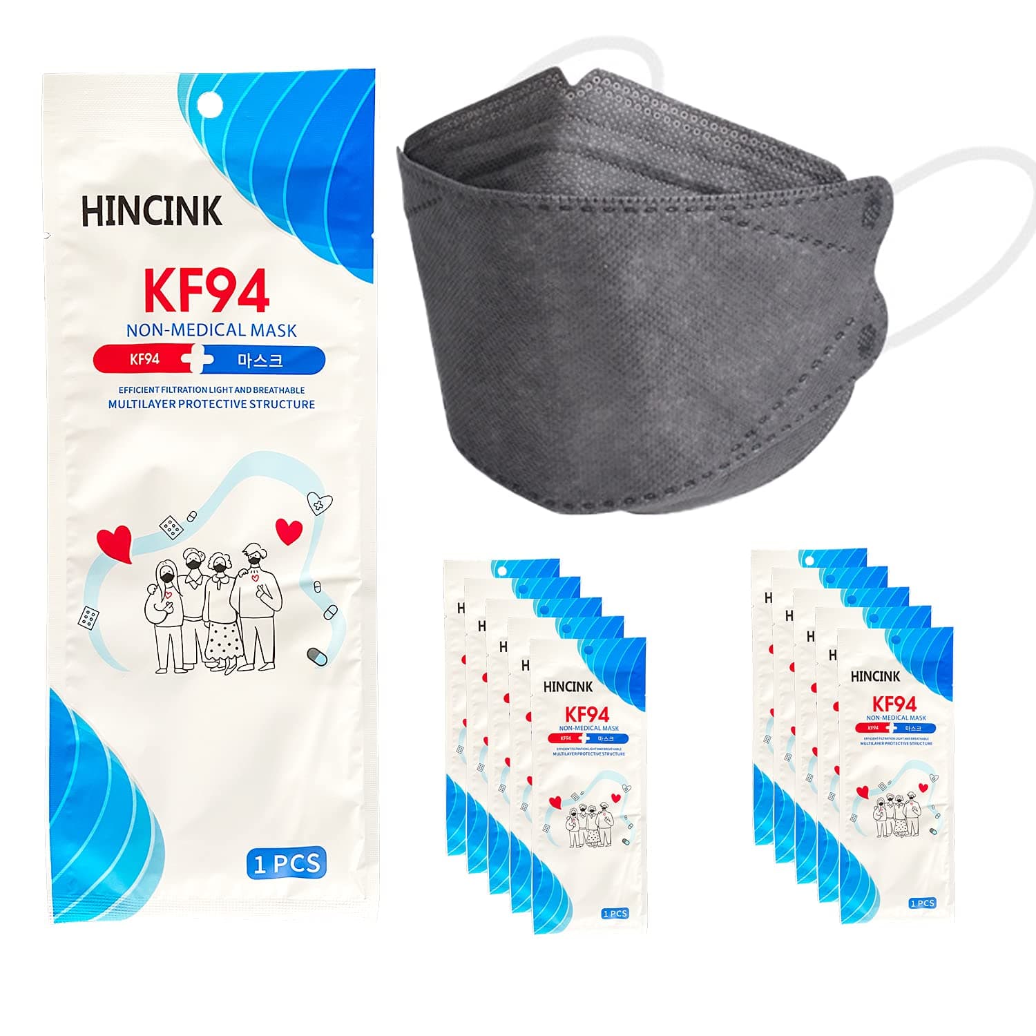 [10 Pack]HINCINK Kf94 Masks [Individually Packaged] Unisex, 4-Layer Protective Safety Mask, Tri-Folding Style,Kf94 Certified Face Safety White Dust Mask for Adult and Older Colorful (10Pcs, Gray)