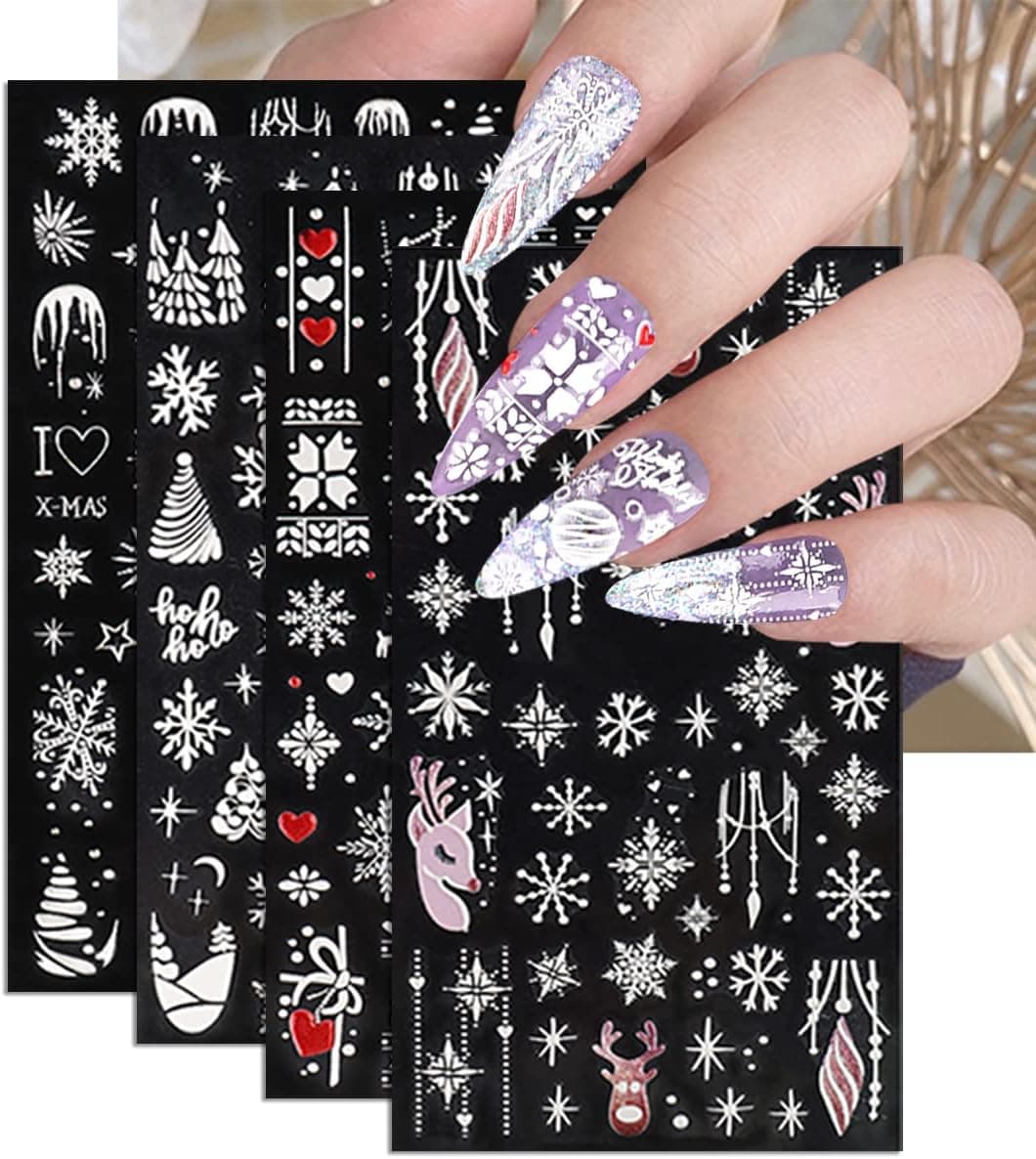 White Snowflake Nail Stickers Decals Christmas Nail Art Supplies 3D Self-Adhesive White Snowflake Design Acrylic Sticker Christmas for Women Beauty DIY Xmas Nail Decoration